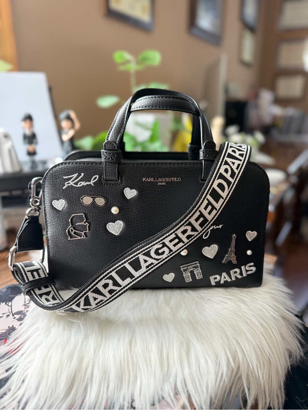 Karl Lagerfeld Paris Maybelle Black & Silver Medium Satchel Handbag Crossbody
